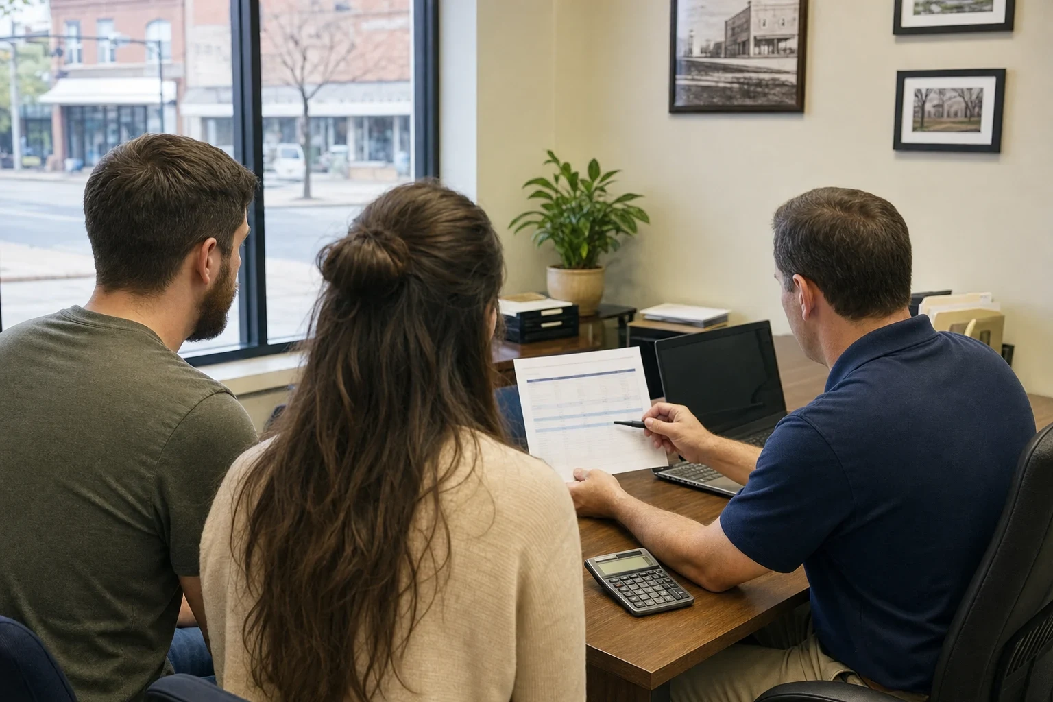 Agent in a navy polo points with a pen at a printed comparison sheet while a young couple looks on at a desk by a window facing a main street
